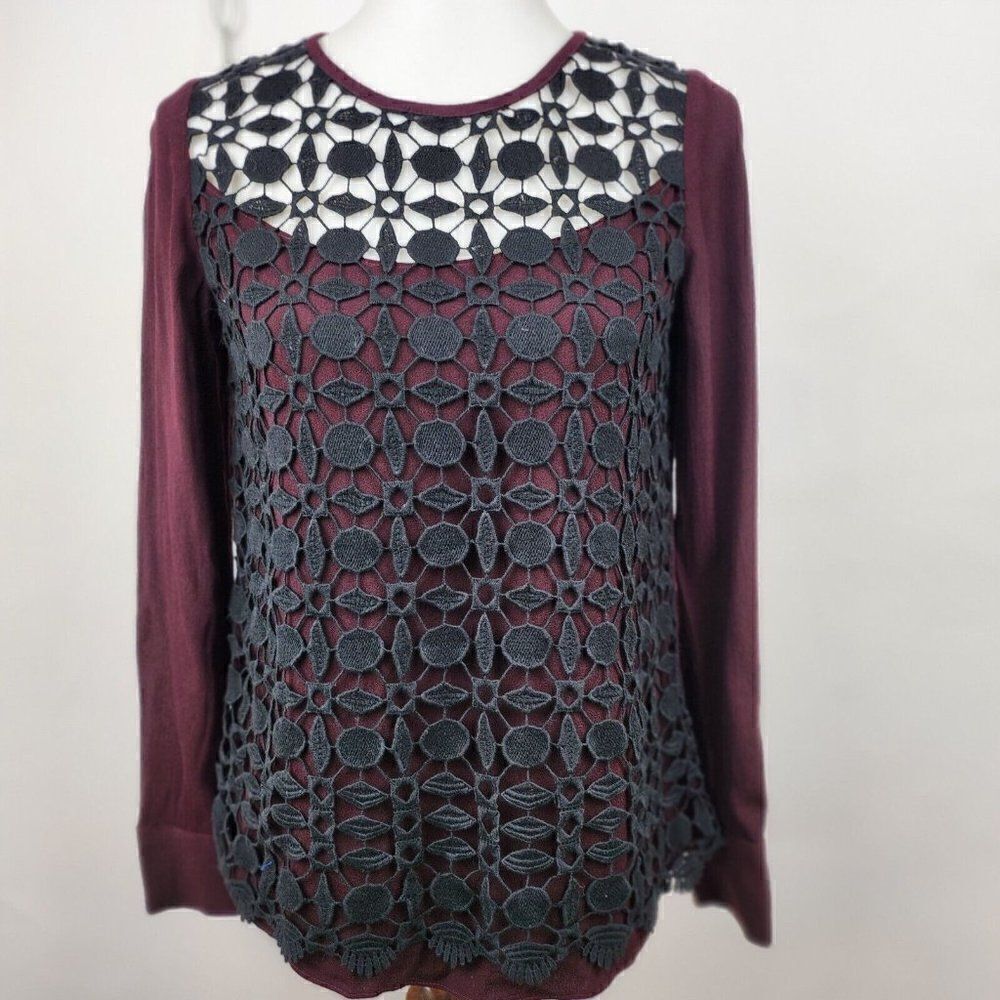 WRAP London Boho Crochet Front Black Burgundy Long Sleeve Top Womens Small